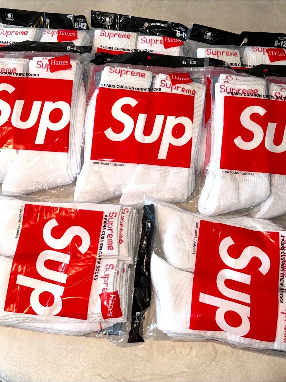 Hanes x Supreme White Crew Athletic Socks with Red Logo - 3 Pair